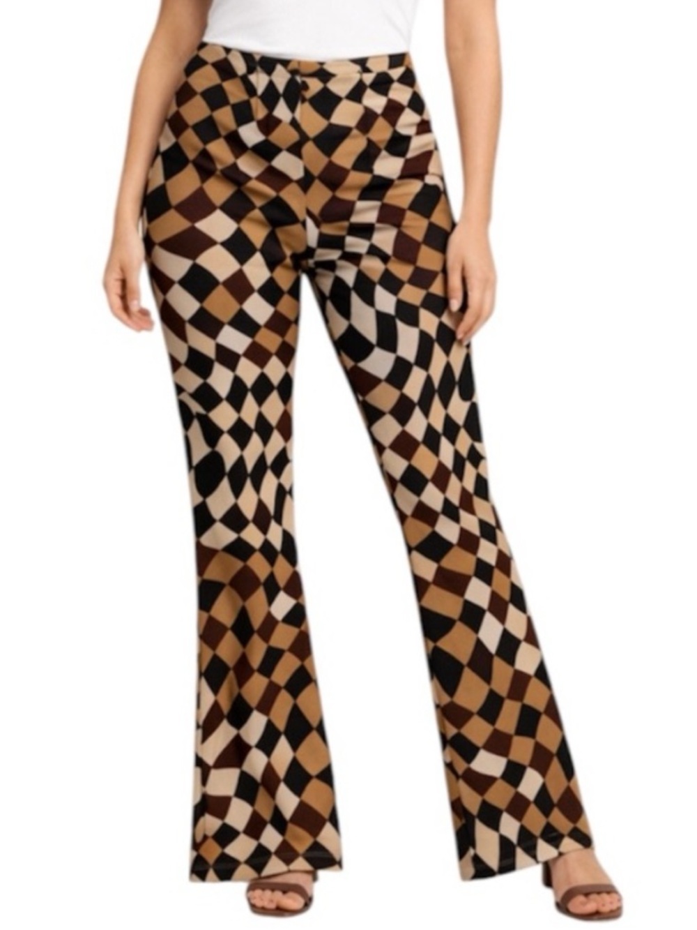 Wearever Women Pants Geometric Print Boot-Cut Brown, Black & Cream Sz. Medium